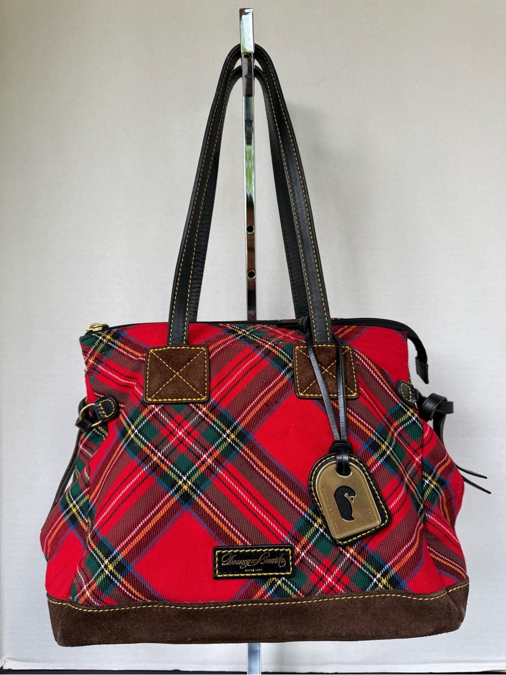 Dooney & Bourke Red Plaid Tote Bag with Brown Trim